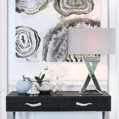Cross Mirrored Table Lamp and Rectangle Grey Velvet Shade